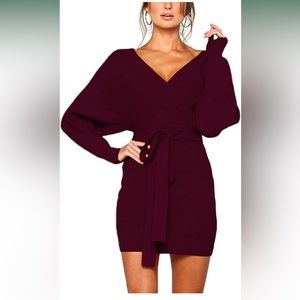 Mansy Women's Batwing Long Sleeve Backless Mock Wrap Knit Sweater Mini Dress